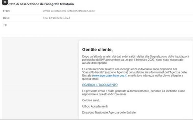 Fisco: nuove false mail su incongruenze liquidazione Iva