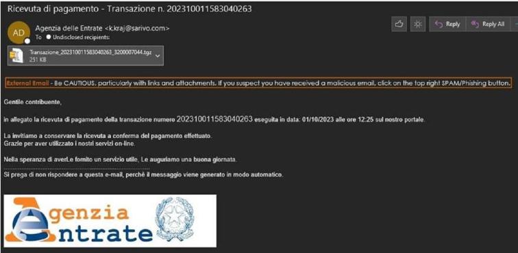 Fisco: finte ricevute di pagamento, ennesima attività di phishing