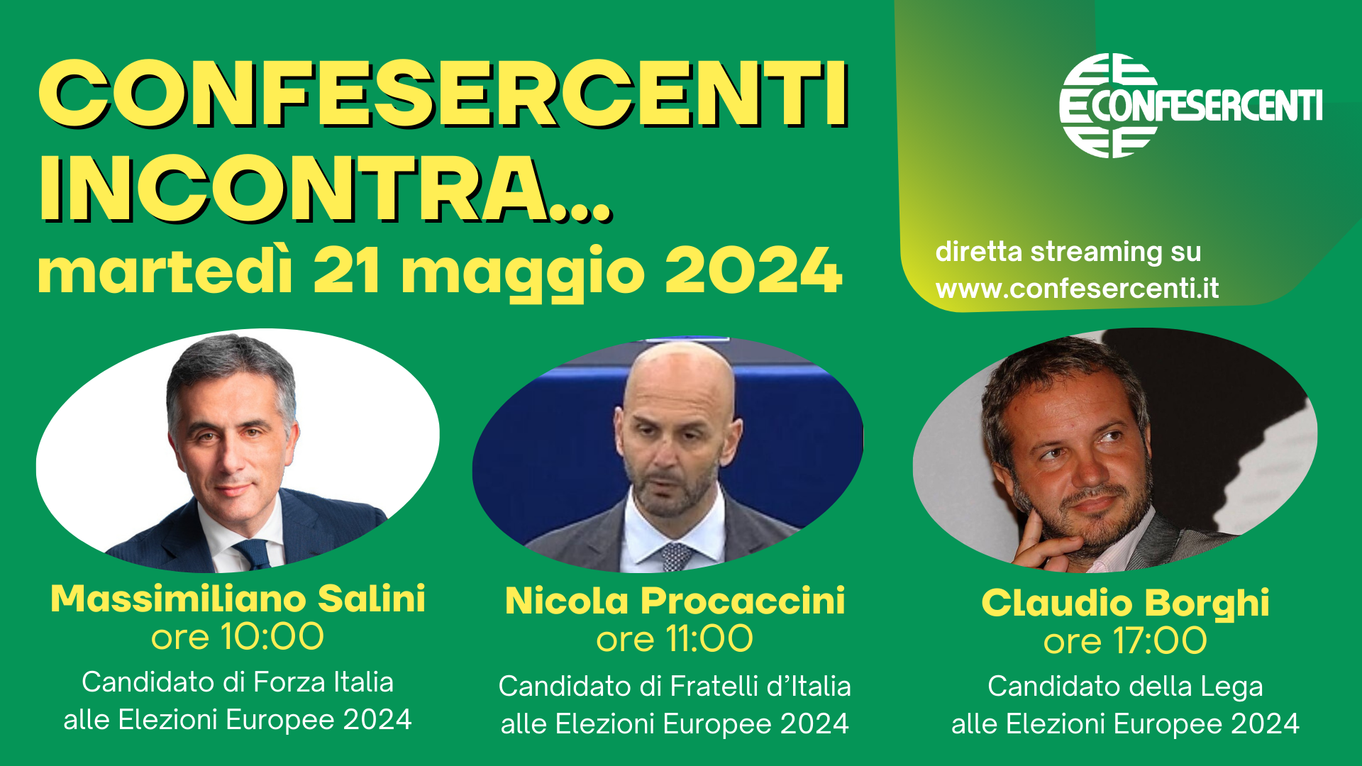 Elezioni Europee 2024: Confesercenti incontra, martedì 21 maggio ospiti Salini (FI), Procaccini (FDI) e Borghi (Lega)